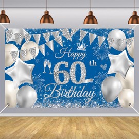 180*110cm Happy 60th Birthday Banner Men Women,Navy Blue Sliver 60th Birthday Decorations Backdrop Fabric 60th Birthday Sign Poster Birthday Photo Background for Her Him 60 Birthday Anniversary Party
