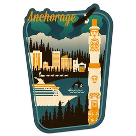 Die Cut Sticker Anchorage, Alaska, Retro Skyline, Contour Vinyl Sticker 1 to 3 inches (Waterproof Decal for Cars, Water Bottles, Laptops, Coolers), Small