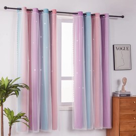ZHUHAN Ombre Rainbow Blackout Curtains for Kid Girls Bedroom Living Room Darking Stripe Double Layer Star Cut Out Wall Home Decor Gradient Grommet Window Curtains （Pink Purple 52W x 63L