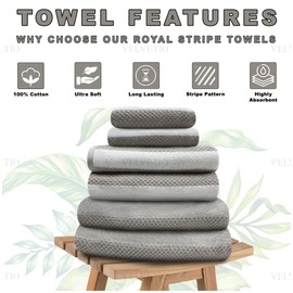 VELVETIO Pack of 2 Royal Stripe Towel for Bathroom 600GSM, Highly Water Absorbent Hand Towel 50 x 80cm, Ultra Soft Quickly Dry 100% Cotton Towels, Natural