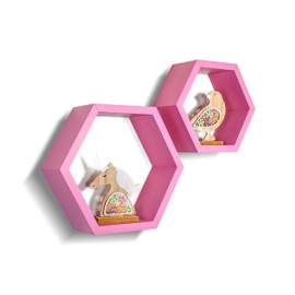 Hexagon Shelves Honeycomb Shelves Set of 2 - Pine Wood Rose Quartz Wall Mounted Storage for Living Room, Kitchen - Durable, Stylish & Versatile
