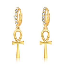 Ankh Earrings for Women Sterling Silver Gold-Plated Egyptian Huggie Hoop Earrings Ankh Jewellery Gifts for Women Girls Men, Sterling Silver, Cubic Zirconia