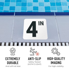 4 in/Four Feet Vinyl Adhesive Pool Depth Marker, 6x6 inches, Pool Marker Anti Slip, Made in USA
