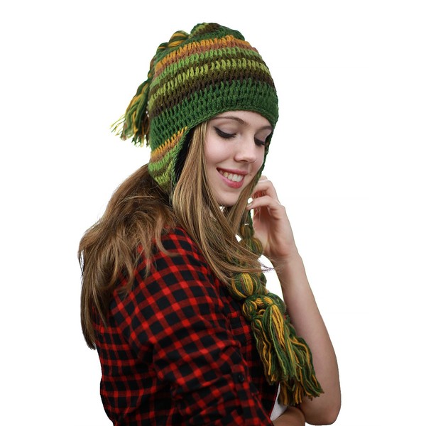NYFASHION101 Handmade Multicolor Knit Nepal Ear Flaps Wool Fleece Lined Winter Hat, Olive