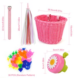 Oumers Kids Bicycle Basket Set, Kids Bicycle Bell and Streamers, Balance Bike Decoration Accessories, Bicycle Basket, Wheel Spoke Beads for Girls (Pink)