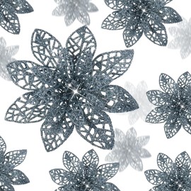 Boao 24 Pieces Christmas Poinsettia Tree Ornament Flowers Christmas Decor Glitter Ornament, 3/4/6 Inches(Dusty Blue)