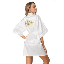 The Bund Satin Robes with Gold Glitter for Wedding Party Getting Ready Bathrobes for Bride White S