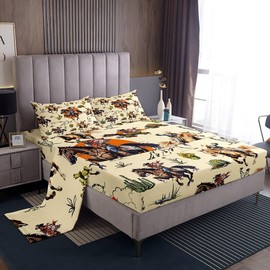 Western Cowboys Horses Bed Sheet Set,Retro Farmhouse Style Tropical Cactus Plants Fitted Sheet Set Full 4 Pcs,Hand Draw Mountain Sun Sheet Set Includes Fitted Sheet + Flat Sheet + 2 Pillow Cases