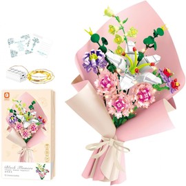 FUNTOCA 514PCS Bloques de Construcción de Flores,Kit Flores Armables Bloques Artificiales con Luces LED y Tarjetas de Felicitación,Juego de Construcción para Adultos,Idea Regalo y Decoración(Claveles)