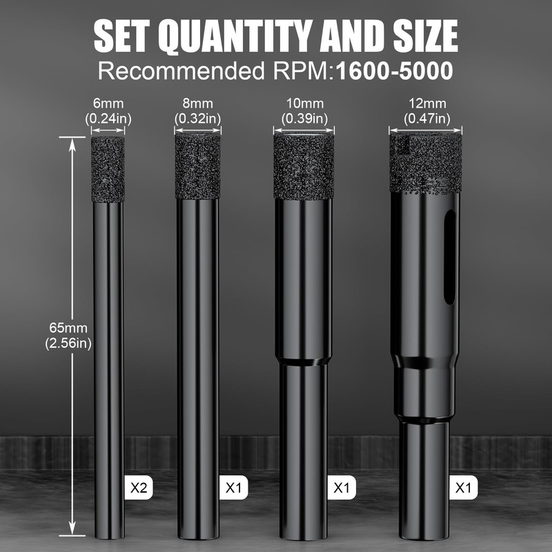Diamond Drill Bit Set, 6mm to 12mm, 5-Piece Professional Grade,