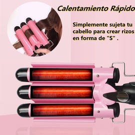 Rizador de Pelo, Rizadora de Cabello Triple Tubo de 25mm, Ondas Cerámica con Temperatura Ajustable, Varita de Rizador de Pelo de 3 Barriles para Mujeres con Cabello Largo y Corto,Regalo y Viajer (Rosa)