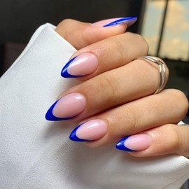 SXVME 30 uñas postizas acrílicas con punta francesa en azul real, almendra corta, con pegamento, forma de stiletto mediano, color azul marino natural,