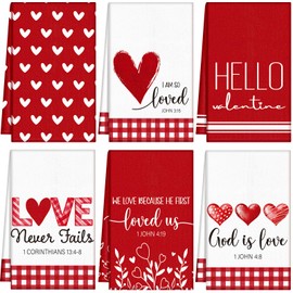Macarrie 6 Set Christian Valentine's Day Kitchen Towels Bible Verse Scripture Red Heart Valentines Dish Towels 16x24 Inch Sweet Love Bathroom Hand Drying Tea Towel Dishcloth for Valentines Anniversary