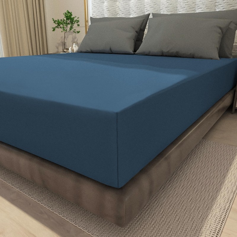 wyewye Double Fitted Sheet, Deep Blue, 135x190 cm with 40