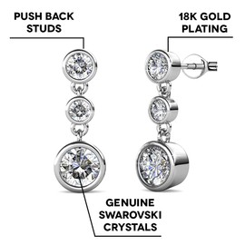 Cate & Chloe Bailey Wonder White Gold Dangle Earrings, 18k White Gold Plated Studs with 3 Dangling Crystals, Silver Stud Earring Set, 3 Round Cut Crystal Stones