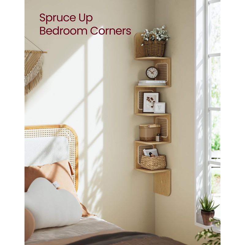VASAGLE 5-Tier Corner Shelf, Wall Mounted Floating Shelf, Zigzag Corner