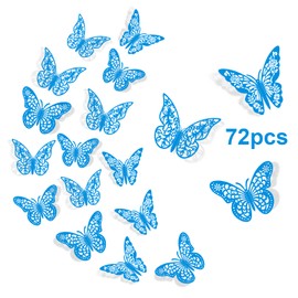 InsuWood - Decoración de pared de mariposa 3D, 72 piezas, 3 estilos, 3 tamaños, mariposas azules para fiestas, cumpleaños, decoración de pasteles, calcomanías extraíbles para decoración de flores de