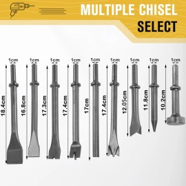 8milelake 9Pcs Pneumatic Air Hammer Punch Chipping Bits Tool Chisel 0.39In Shank Tool Set