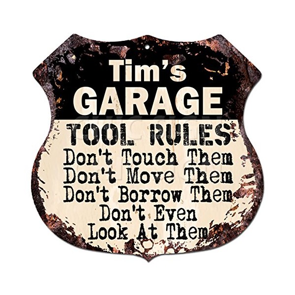 TIM'S GARAGE TOOL RULES Rustic Chic Sign Vintage Retro 11.5"x 11.5" Shield Metal Plate Store Home man cave Decor Funny Gift