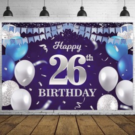 Happy 26th Birthday Banner Backdrop Navy Blue Balloons Confetti Stripe Flag Light Spots Cheers to 26 Years Old Theme Decorations Decor for Women Men 26th Birthday Party Bday Supplies Glitter Silver