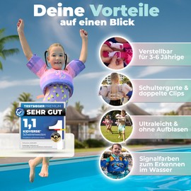 KIDVERSE Children's Life Jacket 3-6 Years – Tested Quality – Life Jacket with Armbands for Children – Swimming Aid for Boys & Girls up to 30 kg – Buoyancy Vest Children – Swimming Training