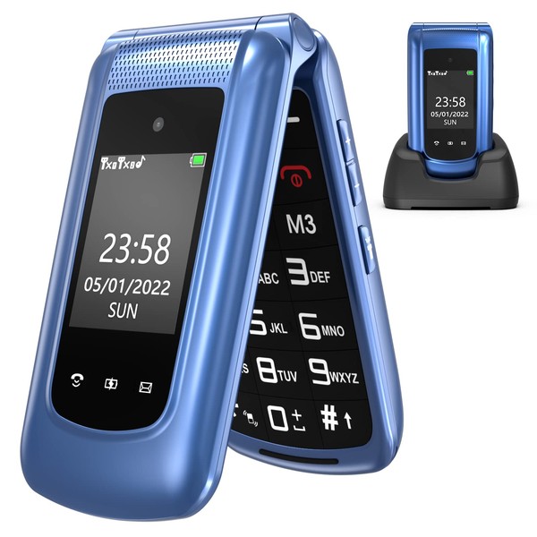 uleway Senior Mobile Phone Folding Mobile Phone without Contract, Large Buttons Mobile Phone Simple and Buttons Emergency Call Function, Dual 2.4 Inch Display Mobile Phone for Seniors (Blue)