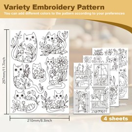 DOODLREAM 20Pcs Cat Playing in Flowers Embroidery Pattern Stabilizer, 8.3”x11.7” Cartoon Kitten Water Soluble Stick and Stitch Embroidery Sticker, 4 Sheets Hand Sewing DIY Embroidery Transfer Paper