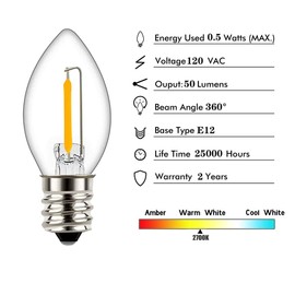 Tsunetani-C7 Edison LED Mini Night Light Replacement Bulbs 0.5W Equivalent to 5 Watt Incandescent - E12 Candelabra Base 2700K Warm White for Home Decorate 50Lumens - 3Pack