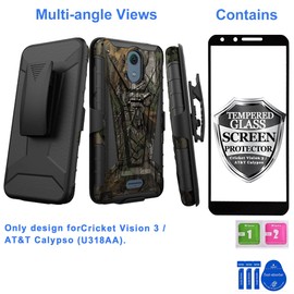Ailiber Compatible with AT&T Calypso(U318AA)/Cricket Vision 3 Case Holster with Screen Protector, Swivel Belt Clip Case with Kickstand, Heavy Duty Full Body Shockproof Cover for Cricket Vision 3-Camo