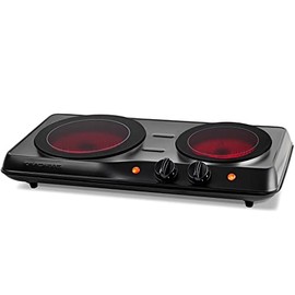 Ovente Electric Double Infrared Burner 7.75 & 6.75 Inch Ceramic Glass Hot Plates Cooktop, 5 Level Temperature Control & Easy Clean Stainless Steel Base, Portable Stove Dorm & Office, Black BGI102B