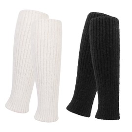 QKURT 2 Pairs Fluffy Ankle Leg Warmer, Winter Knit Crochet Women's Leg Warmer Knee High Leg Warmers for Winter (Black+White)