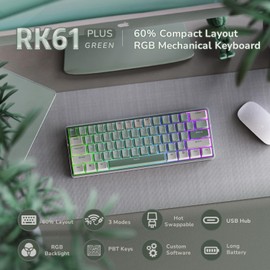 RK ROYAL KLUDGE RK61 Plus Wireless Gaming Keyboard, 60% Percent Mechanical Keyboard with Bluetooth/2.4Ghz/USB Modes, Hot Swappable RGB Keyboard for PC Gamers, Silent Linear Viridian Switches