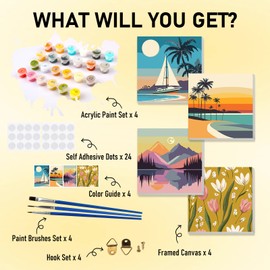 Bowetile 4 Pieces Sunset Paint by Numbers Children with Frame, Painting by Numbers Children with Frame from 4-12, DIY Gemäide Craft Set on Canvas with Brushes and Acrylic Pigment for Home Décor 20 x