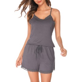 Wikoan Womens Pyjamas for Women Set Lace Camisole and Shorts Soft V-Neck Pj Sets Sleepwear Nightwear with Pockets/Drawstring,Dark grey,S