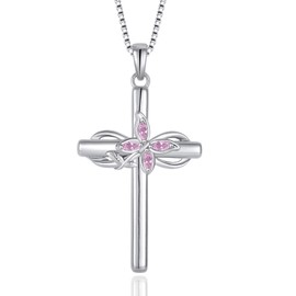Inpasne Cross Necklace for Women 925 Sterling Silver Infinity Butterfly Necklace Pink Tourmaline October Birthstone Pendant Jewelry Gifts for Women Her Mom Wife Daughter