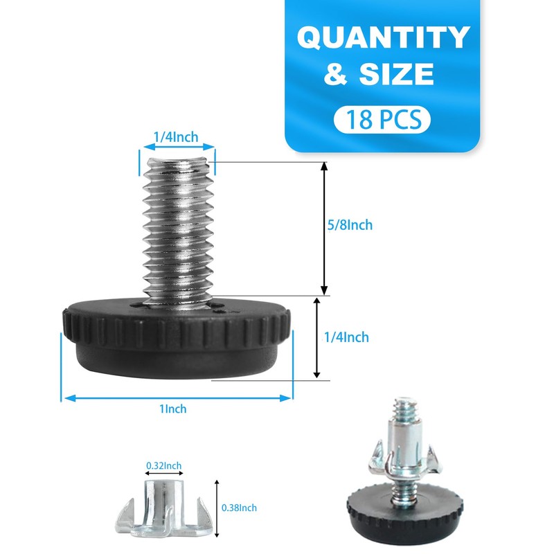 ALLWIN 1/4" Thread Furniture Feet Levelers - 18 Pack Adjustable