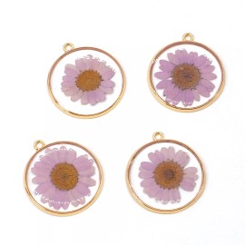 4PCS Gold Tone Real Dry Purple Daisy Flower Resin Round Charm Pendant GBY1013