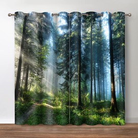 Jekeno Forest Tree Blackout Curtains - Blocking Window Curtain with Jungle Wild Weeds Nature Green Trees Scenery Print Decor Home Bedroom Living Room Grommet Window Drapes 2 Panel Set, 52"x63"
