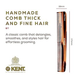 Kent Peine de pelo de dientes finos y dientes anchos 6T, peine de peinado hecho a mano para el cuidado del cabello, peines de peluquería, peines de ba