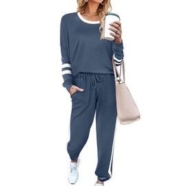 Phophila Two Piece Sets for Women Casual Fall Travel Airport Long Sleeve Sweatshirts Tracksuit 2 Pc Lounge Sets Light Blue L