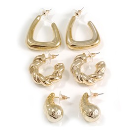 Triangular Hoop/Twisted Hoop/Teardrop Shaped Lightweight Gold Mirrored Effect Acrylic Hoop Earring Set of 3 Pair