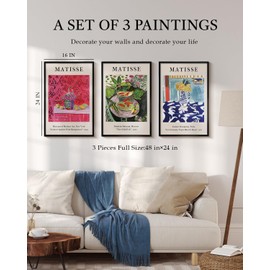 HUARCEY Henri Matisse Framed Wall Art Set of 3 Large 16“x24” Prints, Modern Abstract Minimalist Canvas Paintings with Alloy Frames, Vibrant Artwork for Living Room Home Office Bedroom Decor