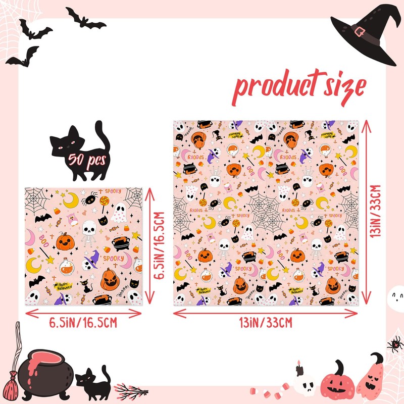 50 Pack Halloween Paper Napkins Cartoon Ghost Pumpkin Spider Web