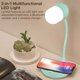 Promate LED Desk Lamp with Qi Wireless Charger, Adjustable Gooseneck Touch Sensor Table Lamp with 3W Bluetooth Speaker & 5W Qi Certified Wireless Charger, LumiQi, Black