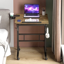 Klvied Rolling Mobile Desk with Cup Holder, Portable, Adjustable Height Small Stand up Desk on Wheels for Home Office Laptop Cart, Computer, Standing or Sitting,Oak