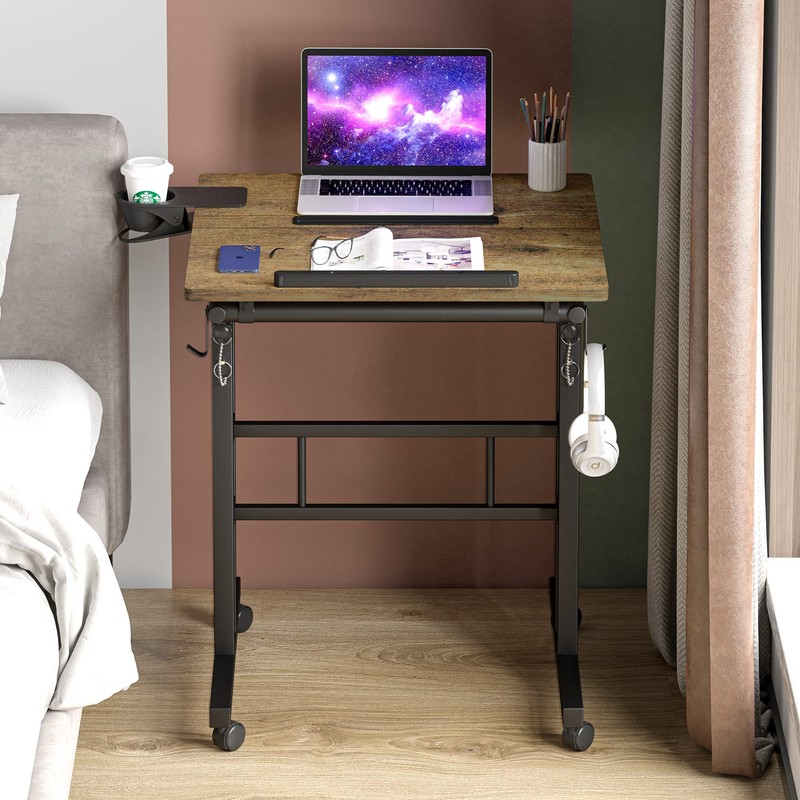 Klvied Rolling Mobile Desk with Cup Holder, Portable, Adjustable Height