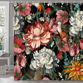 Black Boho Floral Shower Curtain, Unique Colorful Bohemian Mandala Beautiful Dark Flower Leaves Bathroom Curtain, Mid Century Spring Bright Blossom Modern Aesthetic Accessories 72Wx84H Inch