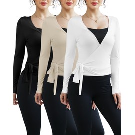 Simlakey 3 Pack Women Ballet Pilates Wrap Tops Y2K Workout Yoga Wrap Shirts Dance Long Sleeve Tie Front Crop Going Out Tops(Black, Beige, White,Large)