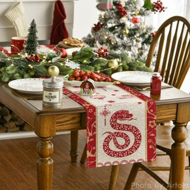 Camino de mesa de estilo estilo de corte de papel del estilo del zodiaco chino serpiente feliz 2025 lunar Año Nuevo, festival de primavera, invierno, cocina, mesa de comedor, decoración para fiesta en