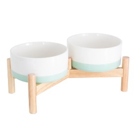 Ilyapa Ceramic Dog Bowls - Elevated Dog Bowl Stand for Medium Sized Pet with Raised Food and Water Set - Green Double 6 inch, 28 Oz Bowls & 13x6.3x5.5 Wooden Stand